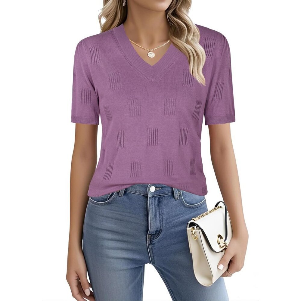 Women's V-Neck Short Sleeve Sweater Knit Top Casual Dressy Blouse Small